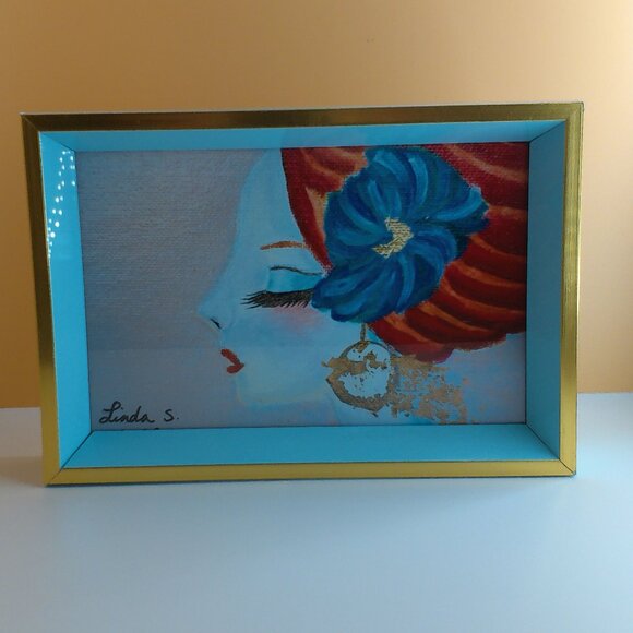 Girl with Red Turban 4x6 Art print within a new light blue/gold wood Frame - Picture 2 of 6